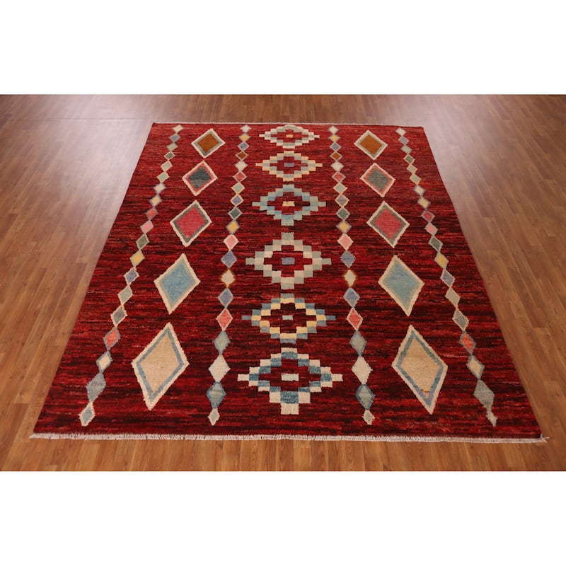 Red Geometric Moroccan Oriental Rug Hand-Knotted Tribal Wool Carpet - 8'1" x 9'9"