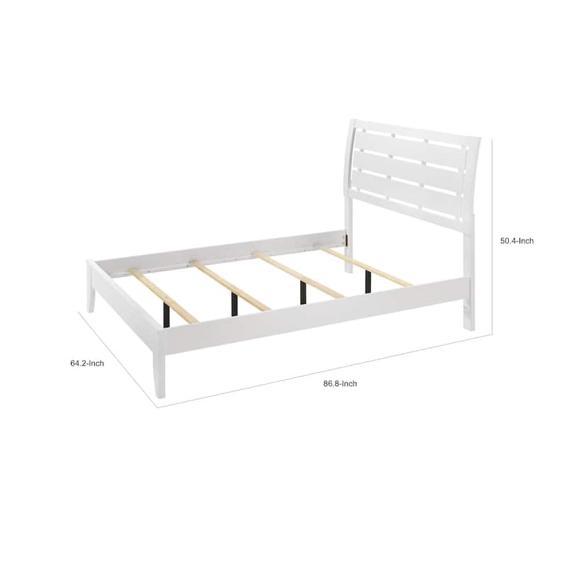 Eve Queen Size Bed, Slatted Headboard, Chamfered Legs, White Wood, Modern