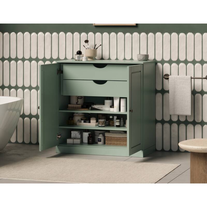 Palace Imports 100% Solid Wood Bathroom Storage Cabinet, Raised Panel Doors, 2 Drawers, Adjustable Shelves - Sage