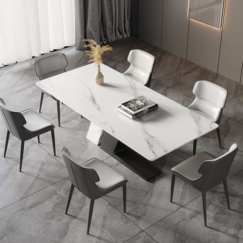 Modern Luxury White Rectangular Dining Table with Glossy Sintered Stone Tabletop, White Z-shaped Stainless Steel Base