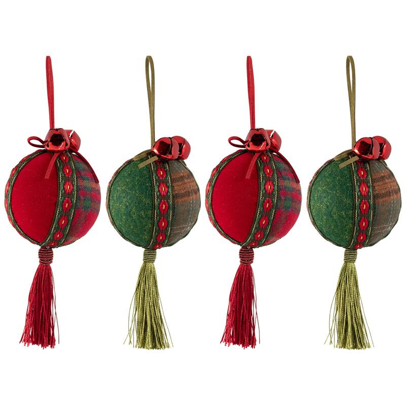 Jingle Bell Plaid Christmas Ball Ornaments - 2.75" - Set of 4 - Red and Green