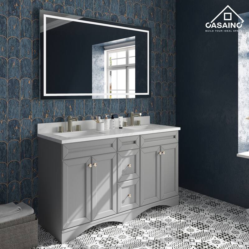 60 in. W x 22 in. D x 35.4 in. H Double Sink Bath Vanity in Gray with Top and LED Mirror