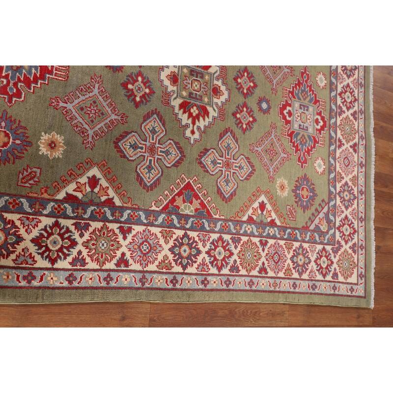 Green Kazak Area Rug Handmade Oriental Wool Carpet - 4'10" x 6'3"
