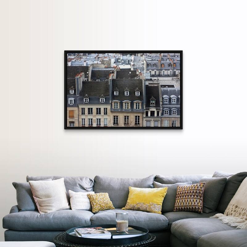 "Roofs and buildings in headquarters Chatelet les Halles, Paris." Black Float Frame Canvas Art - Wood - Includes Hardware - 48 x 32
