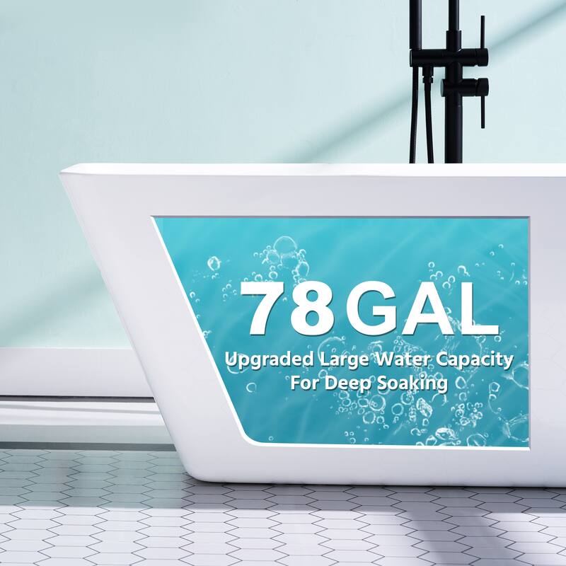 66'' W,78 GALLONS Freestanding Acrylic Soaking Bathtub With Drain And Overflow Holes