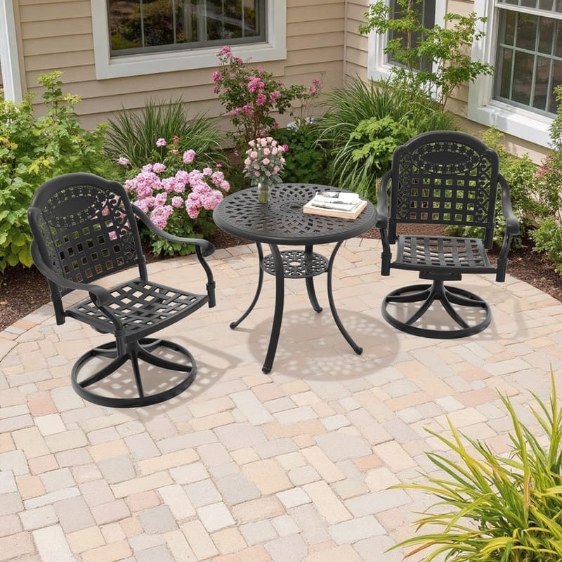 3-Piece Aluminum Round Outdoor Patio Dining Set, 2 Cushioned Swivel Chairs, Table, All-Weather Frames