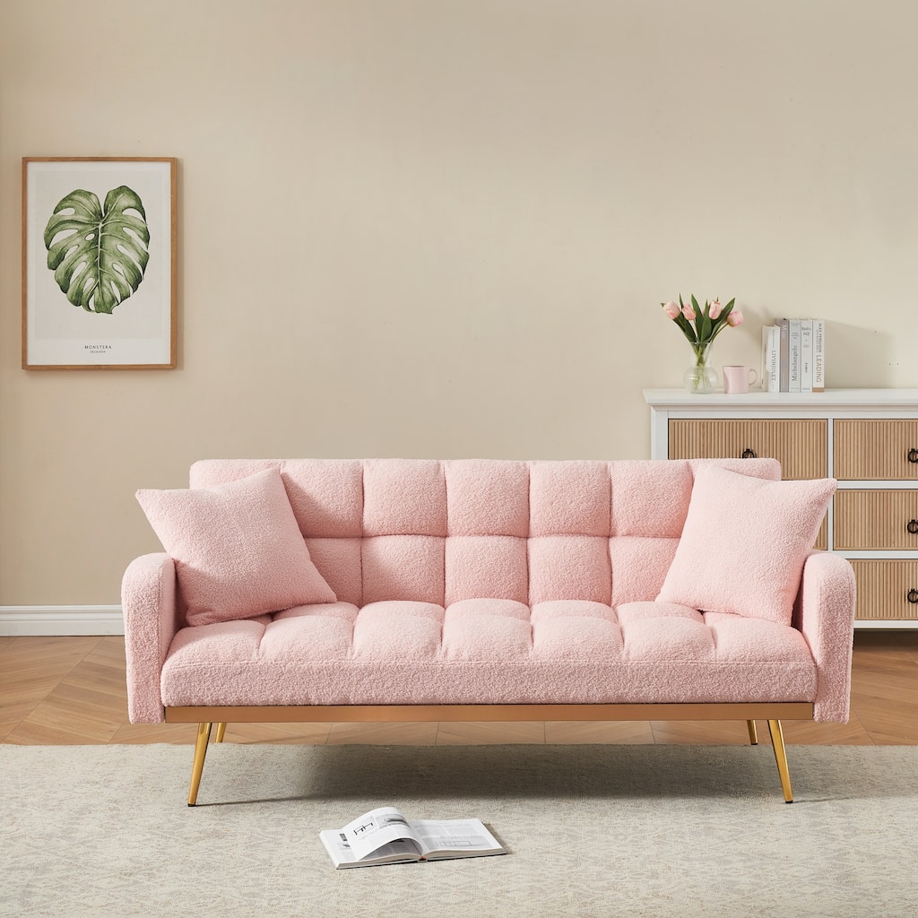 69 Inch Sofa Bed Pink with Adjustable Teddy Sofa