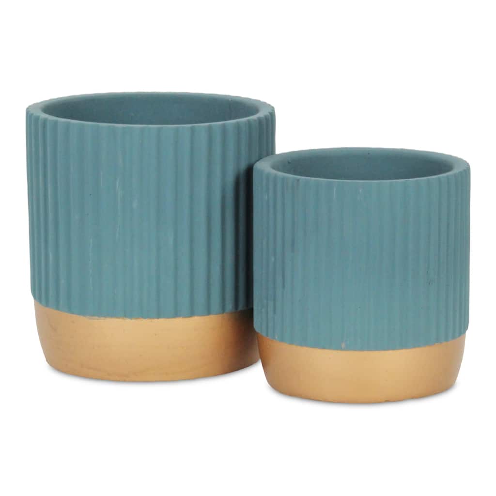 Aurone Round Ridged Ceramic Pot with Gold Finished Base - Blue