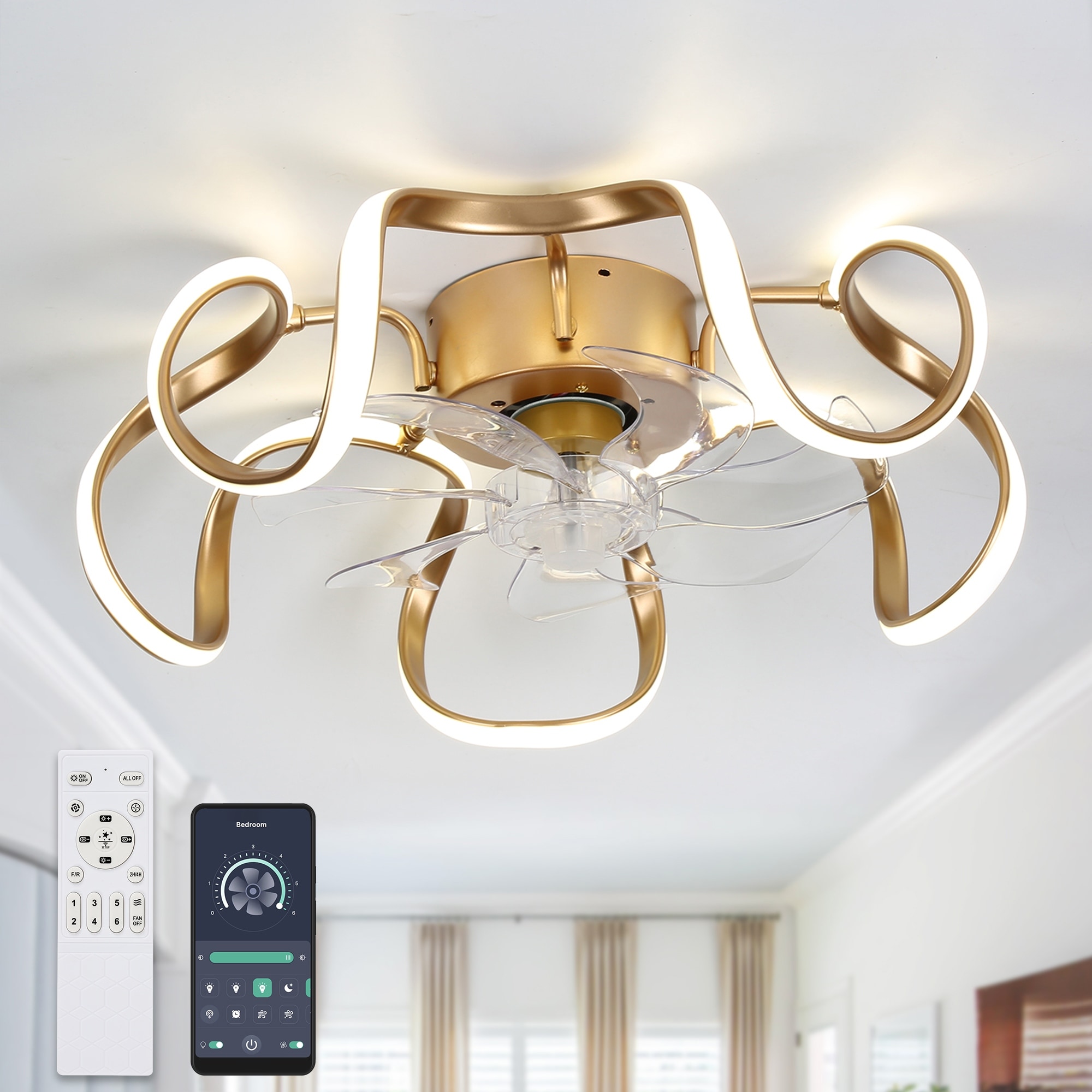 Bella Depot 20" Low Profile Ceiling Fan with Dimmable LED Light, 6-Speed Reversible Flush Mount Ceiling Fan with APP Control