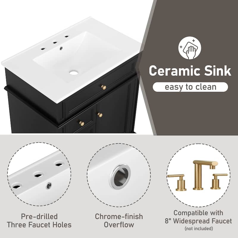 30" Black Bathroom Vanity with Ceramic Sink, 4 Drawers, Soft-Close Door Shelf and Tip-Out Drawer