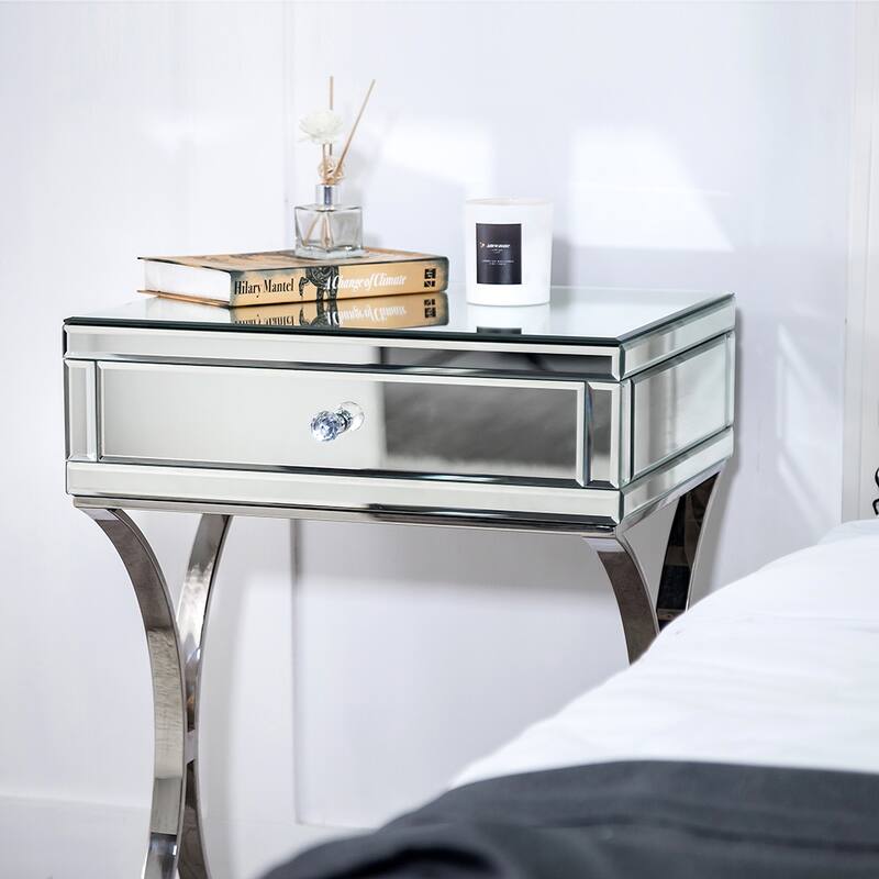 Mirrored Nightstand with Drawer, Mirror End Table Silver Bedside Table