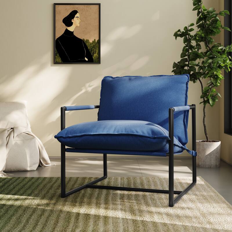 Modern Metal Frame Upholstered Sling Accent Armchair - Blue