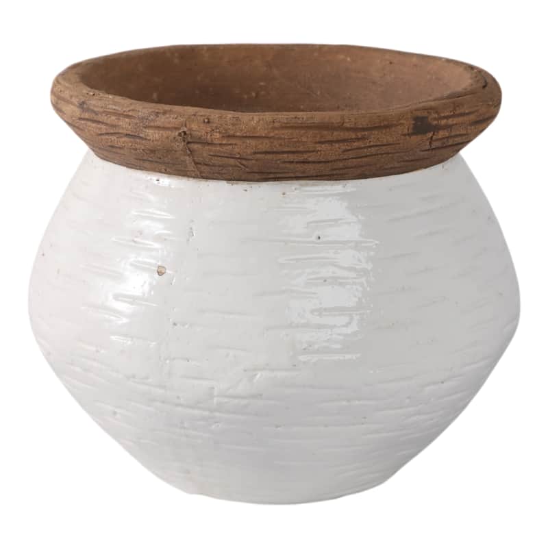 Pottery Planter Textured Design Indoor Outdoor Use - 7" White, Tan - 8" x 8" x 6.5"