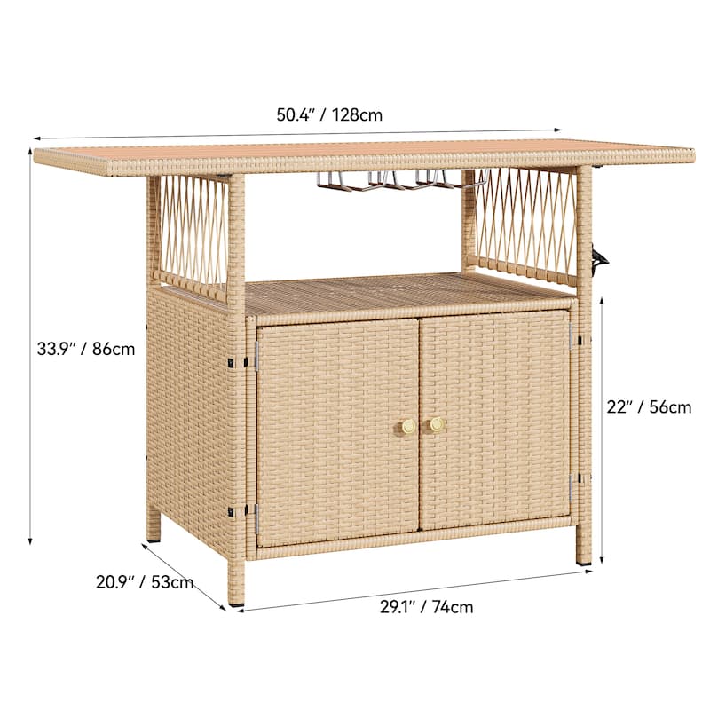 Moasis Outdoor Storage Cabinet Patio Wicker Bar Counter Backyard Furniture w/Plastic Wood Tabletop - 50.4"L x20.9"W x 33.9"H
