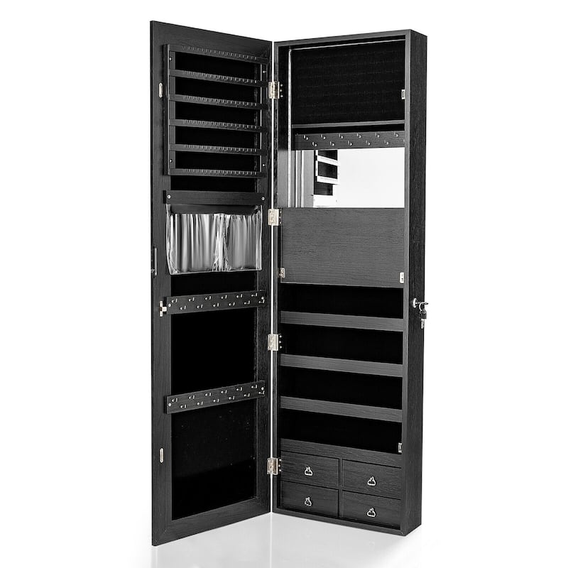4 Drawers Multipurpose Jewelry Storage Cabinet with LED Light Dropleaf Board and Full-Length Mirror - Black