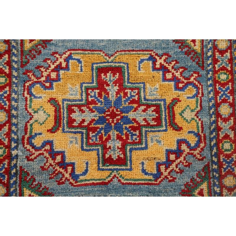Light Blue Kazak Oriental Runner Rug Hand-Knotted Wool Carpet - 2'7" x 12'9"