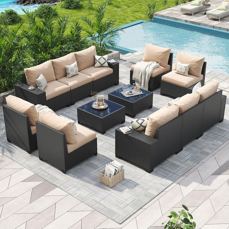 Outdoor Patio Furniture Sets with 4in Thicken Cushion - 12 pcs - Beige
