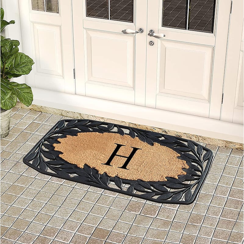A1HC Rubber and Coir Stylish Leaf Border Large Outdoor Durable Monogrammed Doormat, Black - 23" X 38"