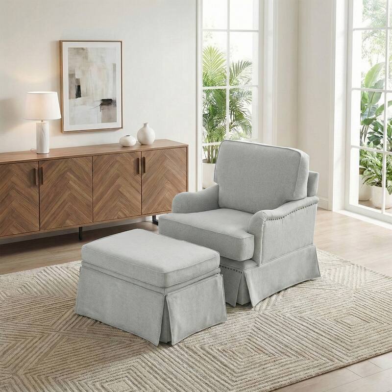 Chenille Swivel Accent Chair Storage Ottoman Set with Nailhead Trim Skirt