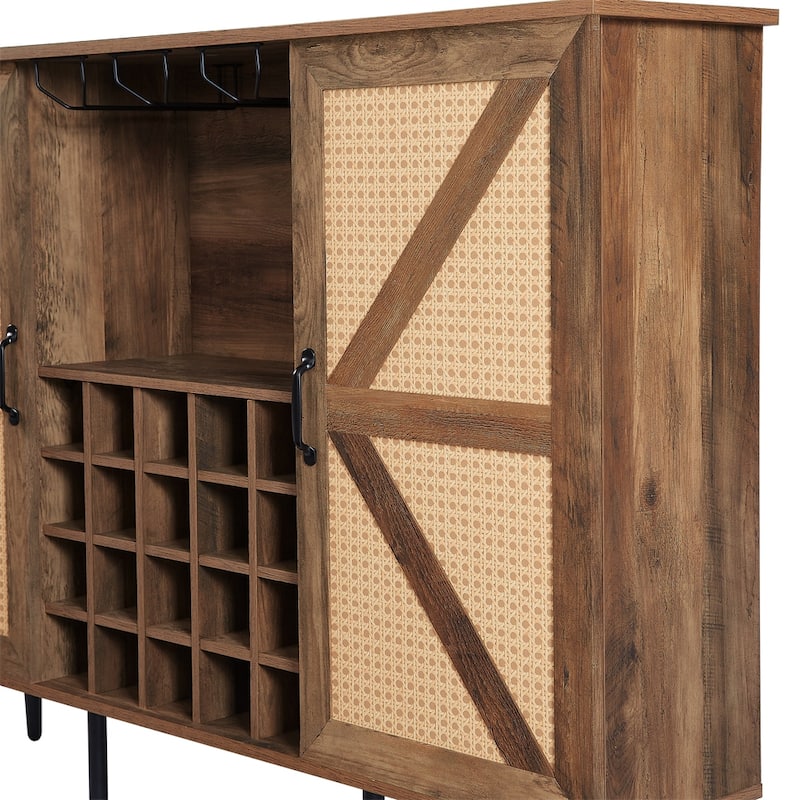 Faux Rattan Barn Door Wine Cabinet with Wine Rack and Wine Glass Rack