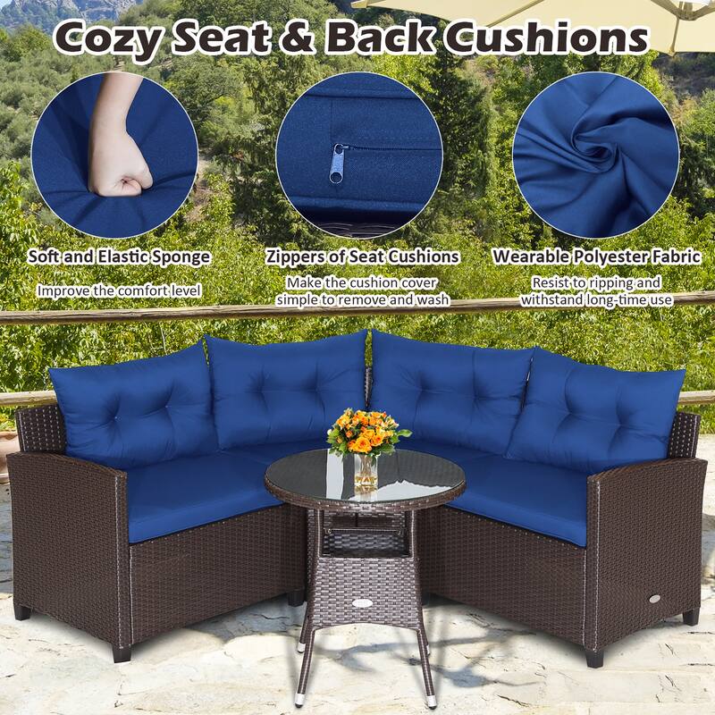 4PCS Garden Patio Rattan Furniture Set Cushioned Sofa Glass Table