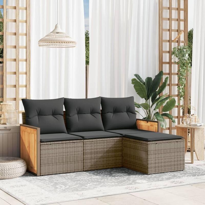 vidaXL Patio Sofa Set with Cushions Outdoor Conversation Furniture Poly Rattan - Grey - 24.4 x 23.2 x 27.2