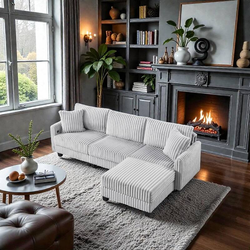 L-Shaped Modular Corduroy Sofa with Free-Moving Footrest, Built-In USB Charging Ports, 3-Seat Couch