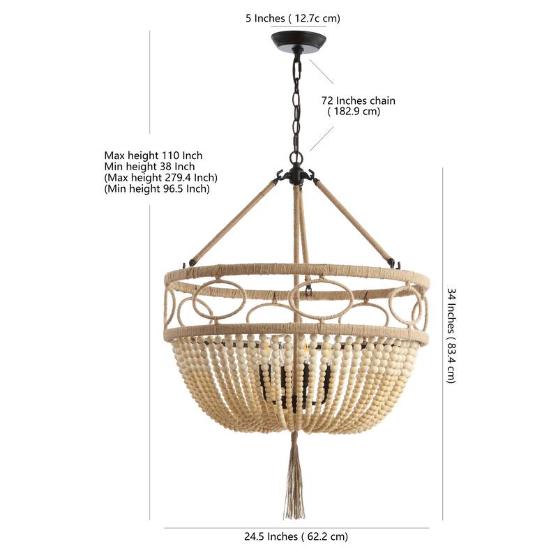 SAFAVIEH Lighting Hiltrud Adjustable 4-Light Led Beige Beaded Chandelier - 24.5"x24.5"x38-110" - Brown Wooden Finish/Dark Grey