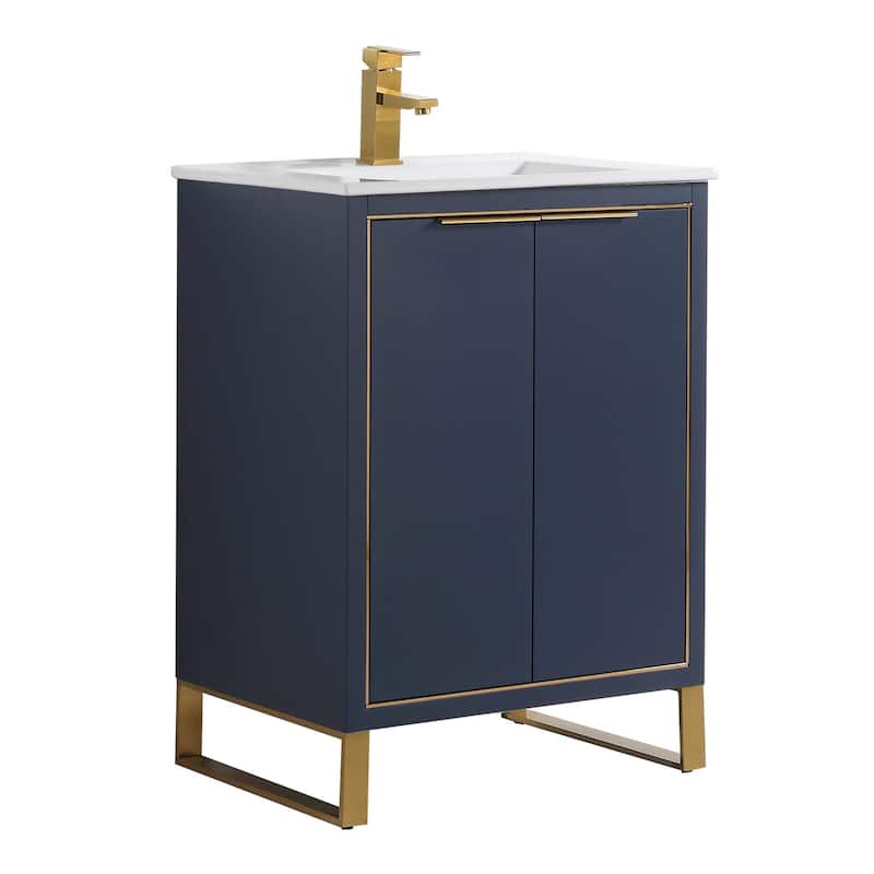 Fine Fixtures Opulence Collection Bathroom Vanity with White Ceramic Sink - 24 Inch - Navy Blue - Satin Brass Hardware