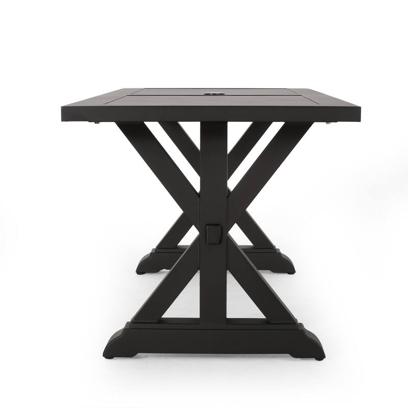 Roomfitters Outdoor Aluminum Dining Table with Woven Slat Design and Umbrella Hole, Antique Matte Black Finish