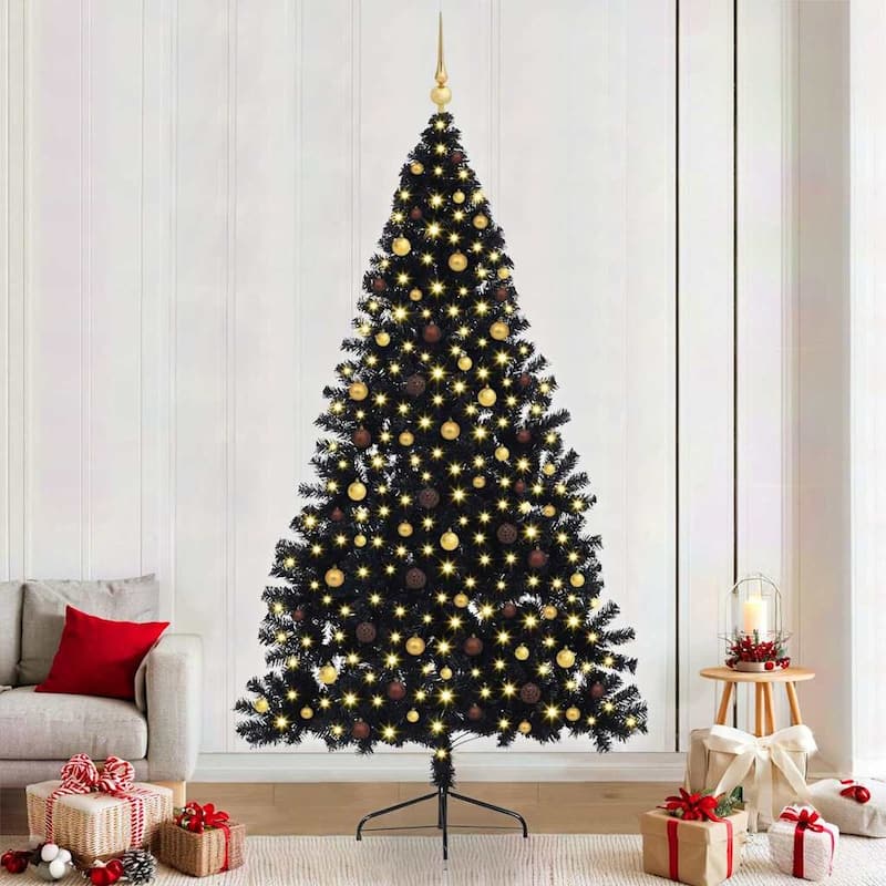 vidaXL Christmas Tree with Decorative String Lights - Black with LEDs and gold/bronze balls - 8 Foot