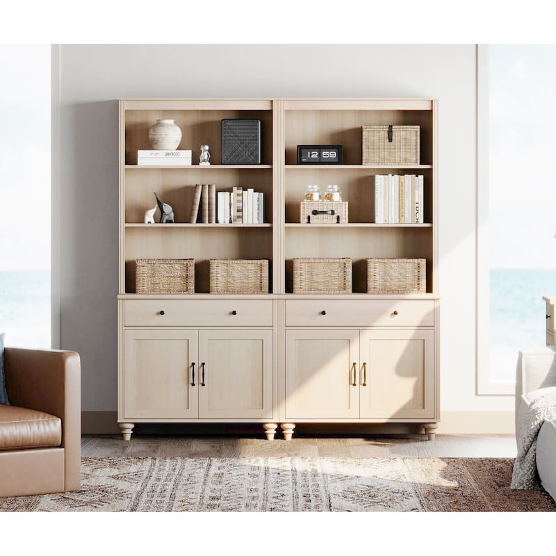 Light Beige Bookcase with Doors, Large Wood Farmhouse Book Case Shelf