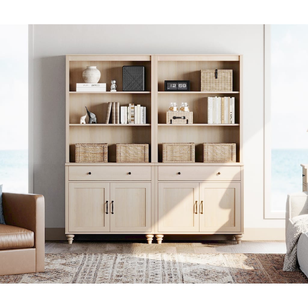 Light Beige Bookcase with Doors, Large Wood Farmhouse Book Case Shelf