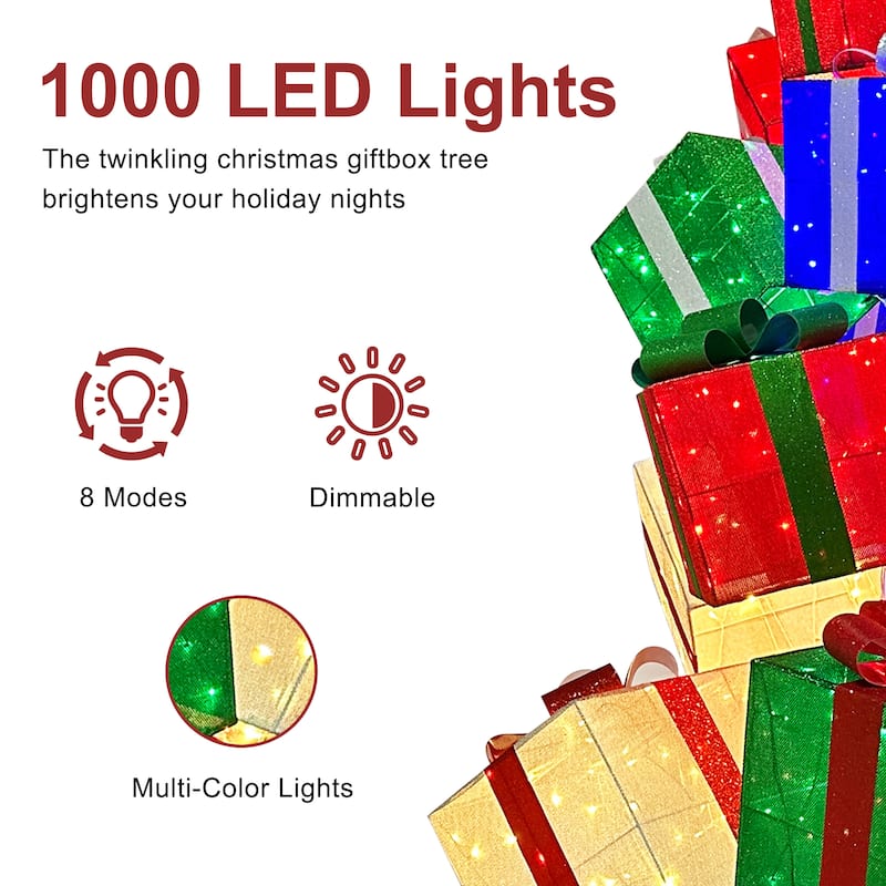 Puleo International 10.8' Pre-Lit Christmas Giftbox Tree Christmas Holiday Decor with 1000 Dual-Colored LED Lights - Multi-Color