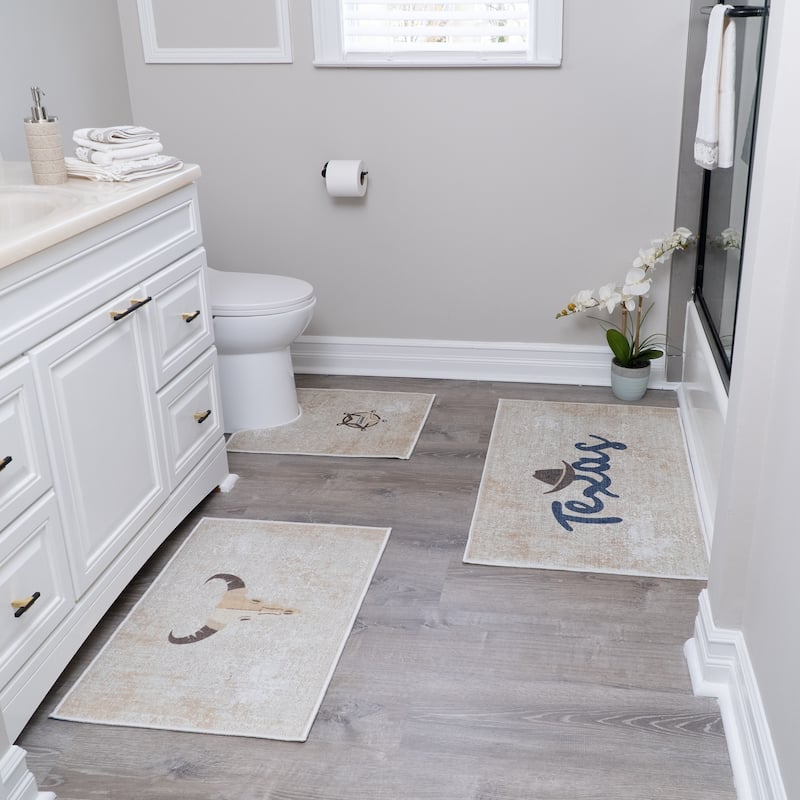 US States Design 3 Piece Bathroom Rugs Set - Non-Slip Ultra Thin Bath Rugs for Bathroom Floor - Washable Bathroom Mats Set
