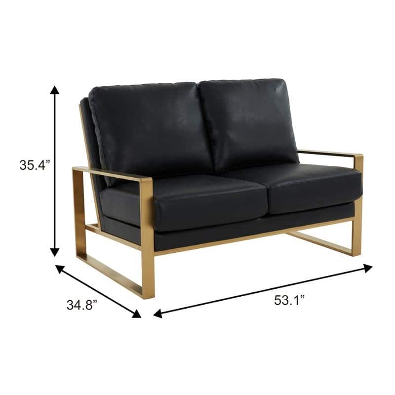 Jefferson Modern Leather Loveseat Gold with Gold Metal Base, Cushion Seating, Pocket Springs, and Protective Floor Pads - 53.1