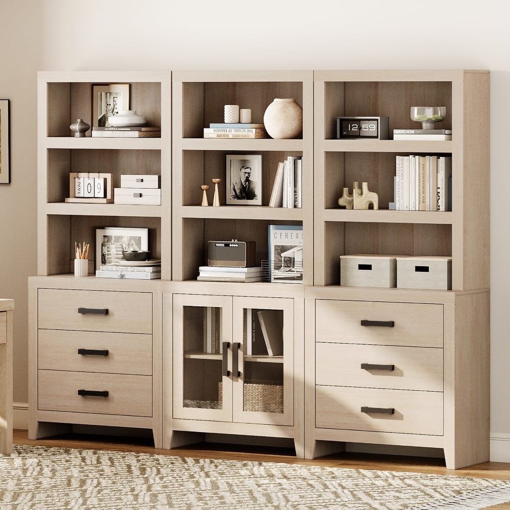 WAMPAT 74" Tall Bookshelf with Glass Doors and Drawers, 3-Tier Farmhouse Storage Cabinet