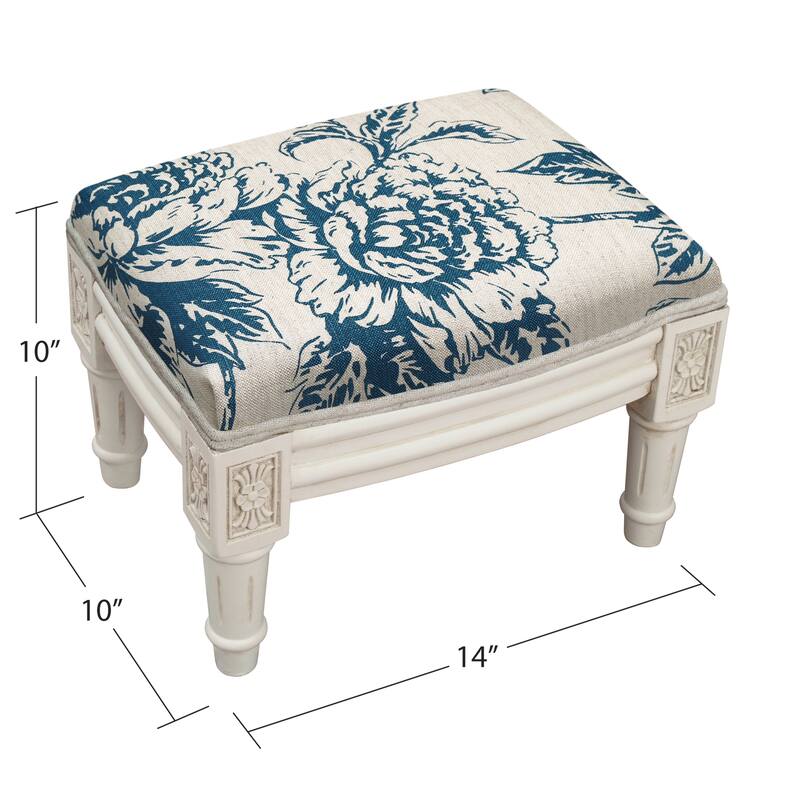 Navy Blue Peony Footstool with antique white finish