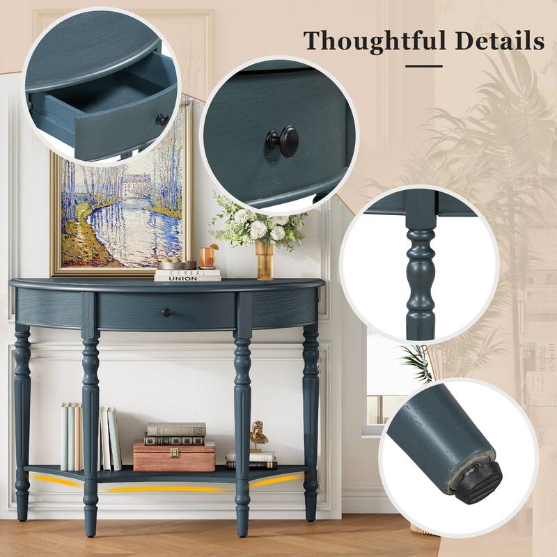 Farmhouse Half Moon Console Table with Drawer & Shelf - Sofa Table in Navy