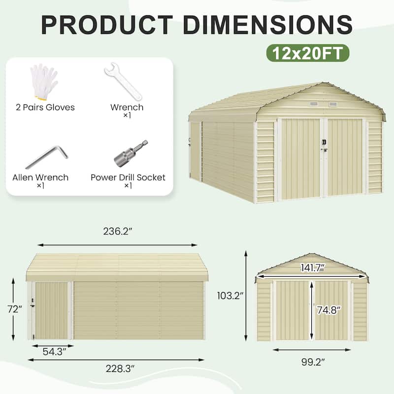 EROMMY 12 x 20 FT Metal Outdoor Storage Shed with Lockable Double Doors, Waterproof Garden & Tool Shed - 12 x 20 Ft