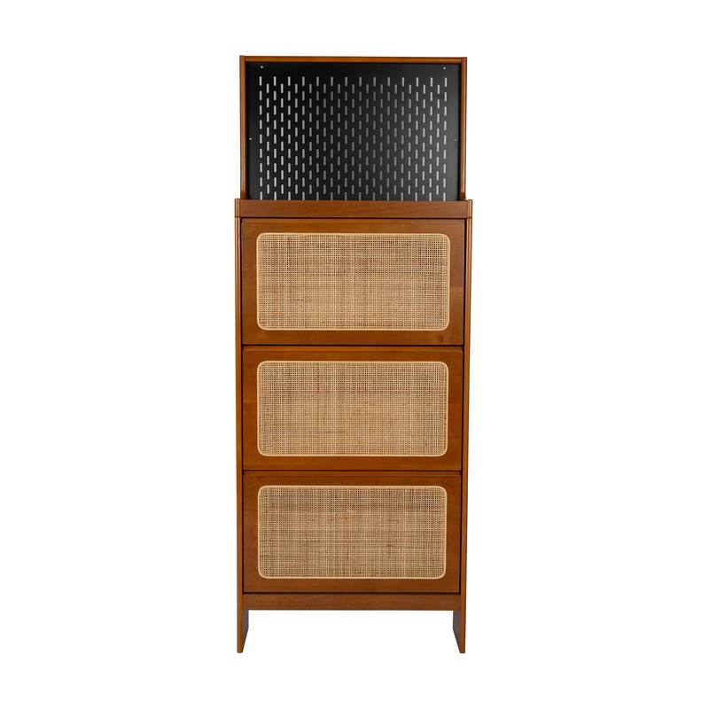 Roomfitters Rattan Shoe Cabinet with 3 Flip Drawers, Entryway Shoe Storage & Pegboard Organizer, Walnut