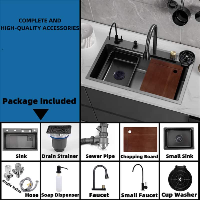 Stainless Steel Drop in Kitchen Sink Waterfall Faucet and Accessories