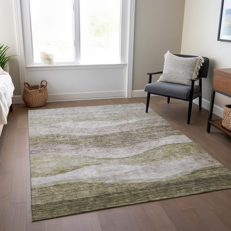 Machine Washable Indoor/ Outdoor Contemporary Waves Chantille Rug