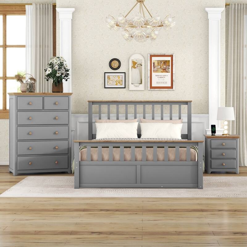 3-Pieces/1-Piece Bedroom Sets Full/Queen Size Platform Bed with Nightstand(USB Charging Ports) and 6-Drawer Storage Chest