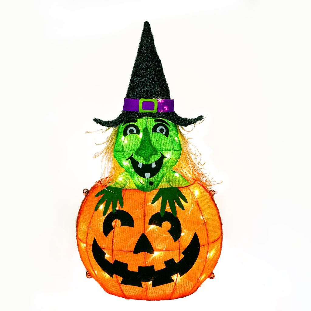National Tree Company Halloween Pre Lit Lighted Sign, Orange, Pumpkin and Witch, LED Lights, Battery Operated, 28 Inches