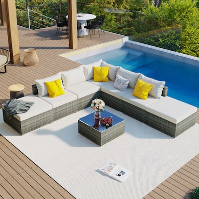 Stylish 8-Piece Outdoor Patio Furniture Set with Tempered Glass Table, Cushions, and Wicker, Perfect for Garden Conversations