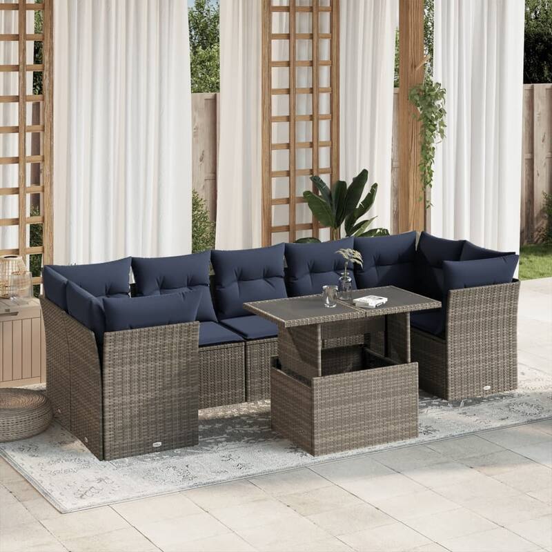 vidaXL 8 Piece Patio Sofa Set with Cushions Black/Brown/Gray Poly Rattan - 24.4 x 24.4 x 27.2 - Gray without storage