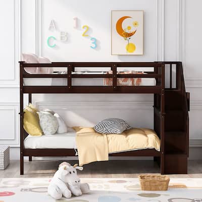 Twin-Over-Twin Bunk Bed with Storage and Guard Rail for Bedroom