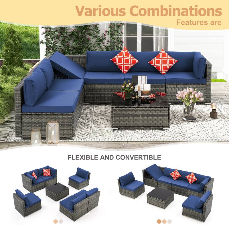EROMMY 6/7 Piece Modular Outdoor Rattan Sofa Set, All-Weather Wicker Patio Furniture with Storage Table, Cushions & Pillows