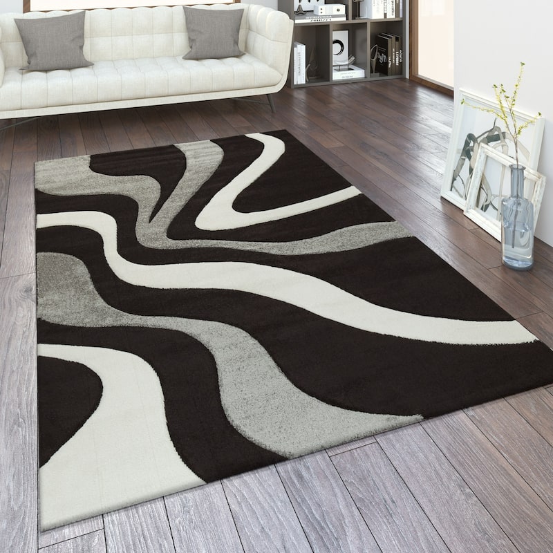 Designer Area Rug with Contour Cut and Modern Wave Pattern - 3'11" x 5'7" - Grey-blue